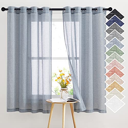 NICETOWN Semi Sheer Linen Blend Window Curtains, Grommet Solid Curtain Privacy with Light Filter Flax Texture Window Treatment Vertical Drape for Bedroom/Farmhouse, W52 x L63, Sea Mist, 1 Pair