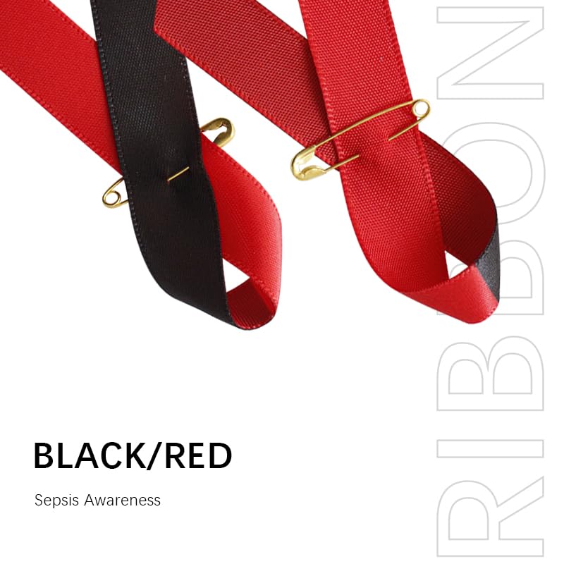 Image of 200 Pieces Sepsis Awareness Black and Red Ribbons with Safety Pins 1.4 * 3 inch