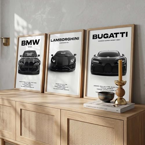 Image of HOTHOUSE Big BMW M3, Lamborghini Aventador, Bugatti Chiron Cars Framed Posters Gift Items for Boys Room Wall Decoration Bedroom Living Room Office Studio Decor | Set Of 3 Size (10 X 13 inch)