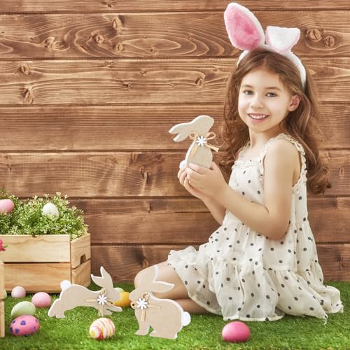 PAIVSUN 3X Niedlich Osterhasen Figuren Dekorative Osterhase Holz mit Schleife Fellknäuelschwanz, Osterdeko Modern Tisch Fenster