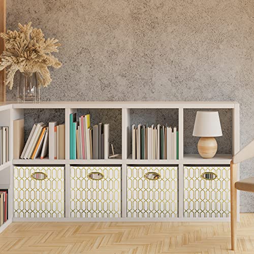 Posprica Storage Bins, Storage Cubes,13×13 Fabric Drawers Organizer Basket Boxes Containers (13×13×13/4Pcs, Cream/Gold Geometry Pattern) #TOP4