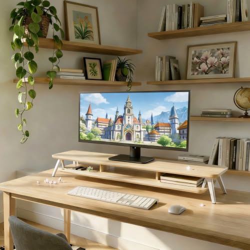 Fenge Podstawka pod monitor na 2 monitory, 108 cm, duży stojak na monitor z gniazdem na telefon / tablet, organizer na biurko, maksymalne obciążenie 50 kg, dąb