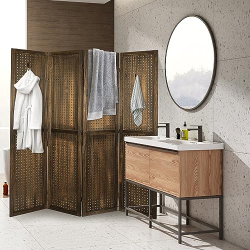 Babion 4 Panel Pegboard Display, Peg Board Room Divider Freestanding Folding Privacy Screens Pegboard Display Stand for Craft Shows (Brown)