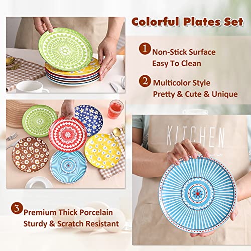 Ceramic Plate Set Salad Plates - 8 Inch Colorful Dessert Plates Set Of 6 - Porcelain Appetizer Plates - Flat Round Kitchen Plate For Serving Breakfast | Lunch | Dinner - Microwave Oven Dishwasher Safe #TOP4
