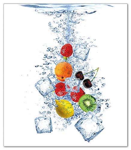 Herdabdeckplatte/Spritzschutz aus Glas, 1-teilig, 52x60cm, für Ceran- und Induktionsherde, Obst-Eiswürfel-Mix im Wasser mit weißem