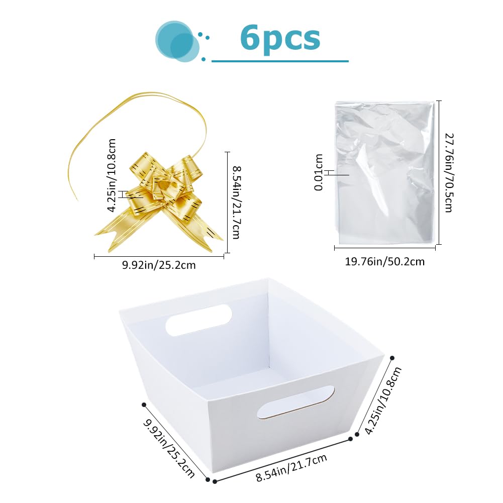 SUPERFINDINGS 6 cesti regalo in cartone bianco, kit vuoto con sacchetti di plastica e fiocco, scatole regalo in carta kraft, robuste, fai da te, cesti regalo per Pasqua, Natale, compleanno, matrimonio
