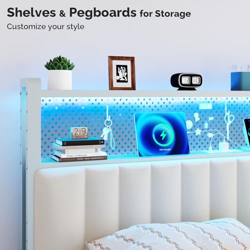 Image of VINGLI Queen Size Headboard for Bed,Upholstered Headboards with Storage, Charging Stations and LED Lights, 2 Tier Shelves and Pegboard, Modern Bed Head Board, Adjustable Height, White