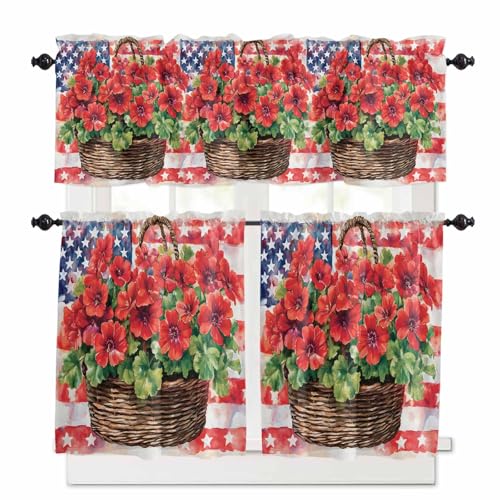 Red Poppy Flower Kitchen Curtains 36 Inch Length,3 Piece Rod Pocket Small Half Tiers and Valance Set,Rustic Independence Day American Flag Small Large Window Treatment Decor for Bedroom/Bathroom Sink