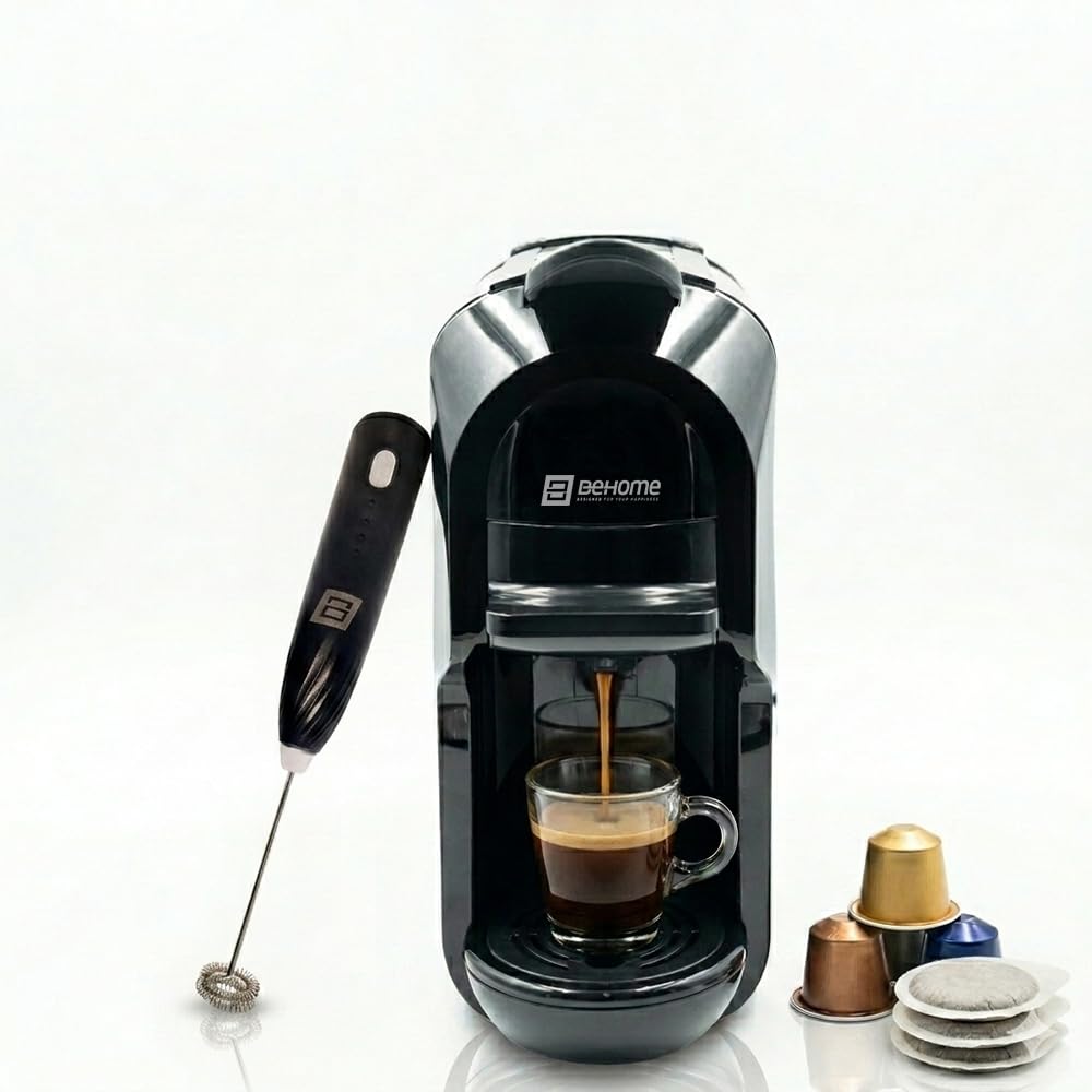 BEHOME Espresso ekspres do kawy do kapsułek i kapsułek kompatybilne z Nespresso i Dolce Gusto, 3 różne adaptery, system antywapienny + elektryczny spieniony spieniony trzepaczka do kawy, idealna kombi