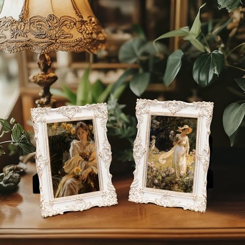 Image of eletecpro 5x7 Vintage Picture Frame with Real Glass Cover, Ornate Antique Photo Frame, Display 5x7 Picture for Tabletop or Wall Hanging, White Home Decor for Gallery Art