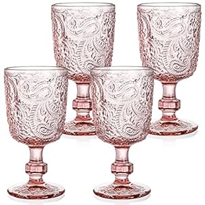 Tebery 4 Stück 300ml rosa Glas Weinkelch Vintage, 10oz farbige Getränke Stielglas Becher, geprägtes Design Glaswaren Set für Wasser, Saft, Wein, Bier und Cocktails