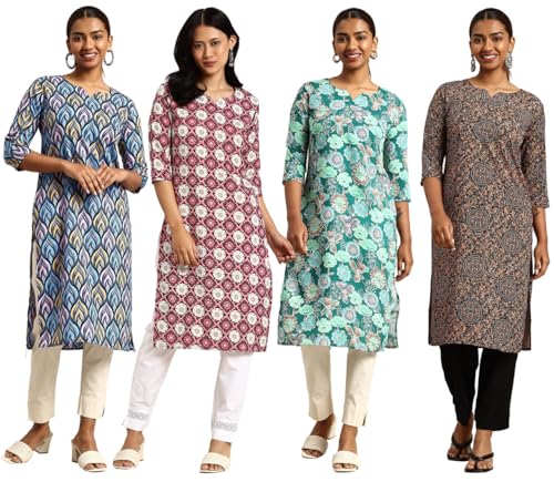 Image of JAKHANA Women's Crepe Printed Casual Straight Calf Length Round Nick Kurta Pack of 4