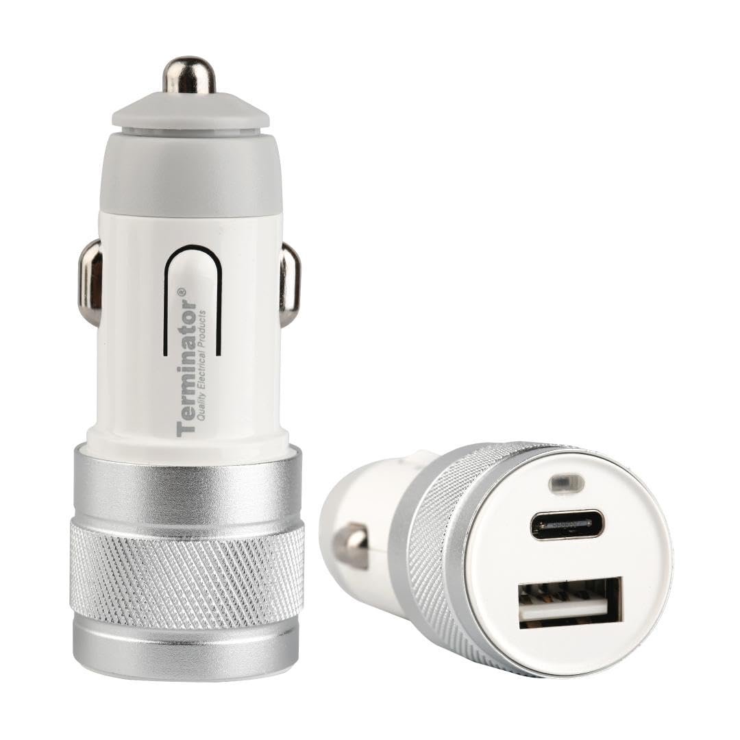 Terminator Car Charger with 30W Fast Charging USB Type A (Qualcomm 3.0) & Type C (PD) with Blue Light Indicator - White, Overload protection Compatible with Iphone, Samsung, Huawei etc