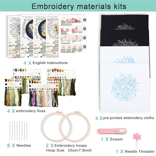 Image of Harimau Adult Beginner Embroidery Starter Kit, Complete Set with 4 Patterns, 2 Hoops, Needles, Scissors, Instruction Guide & Stitching Video Tutorials