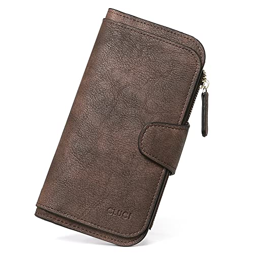 CLUCI Carteira feminina de couro macio Designer com três dobras, organizador de cartões, Café, Large,