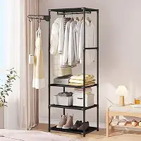 Arara de Roupas Multifuncional Com Estrutura em Aço Preto, 3 Prateleiras, Cabideiro e Ganchos Laterais - Organizador para Quarto e Closet