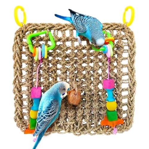 SunGrow Bird, Small Animals & Rabbit Foraging Wall Chew Toy with Hanging Hook, Seagrass Woven Mat with Colorful Wooden Blocks