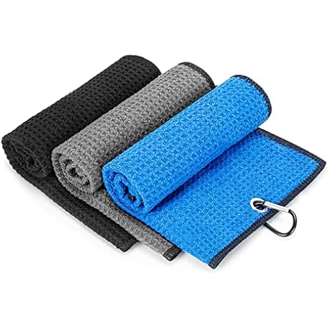 ToVii 3 Pack Golf Towel,Tri-fold Golf Towel for Golf Bags with Clip,Premium Microfiber Waffle Pattern Golf Towel for Men,Women,Blue,Black and Gray Cover