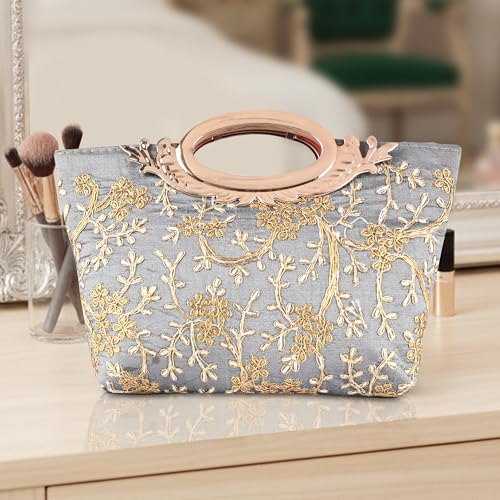 Image of Kuber Industries Polyester Hand Bag for Woman with Zip Closure | Ladies Purse | Lightweight Party and Wedding Clutch Purse for Women | Kada Design - Grey