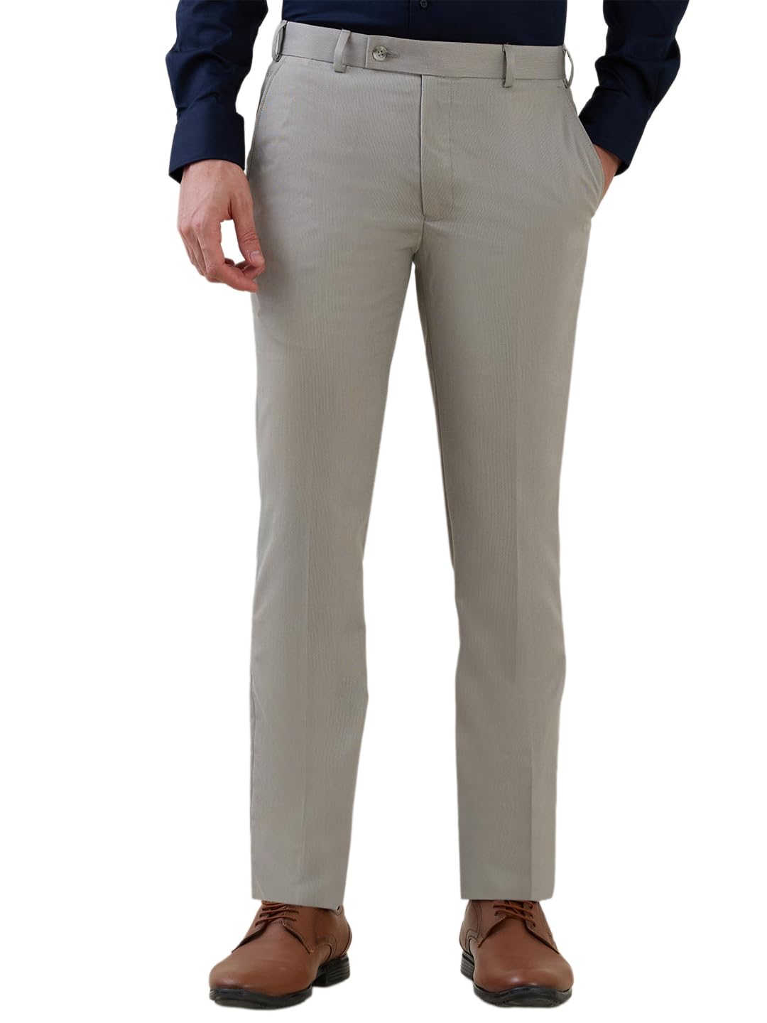 park avenue Men Super Slim Fit Structure Pattern Poly Viscose Blend Flat Front Formal Trouser Green-picture-50