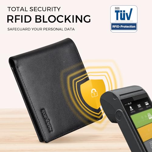 Image of RUNBOX Wallet for Men Leather RFID Blocking Bifold Front Pocket Wallet | Genuine Leather,Slim,12 Card Slots,2 ID Windows,2 Money Pockets, Gift for Men,Compact Travel Business Passport