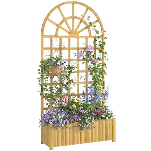 Outsunny Jardinera con Enrejado de Madera, Jardinera Exterior Grande para Plantas Trepadoras, con Ofricios de Drenaje, Macetero Elevado para Jardín, Patio, Terraza, 90x30x180 cm, Natural