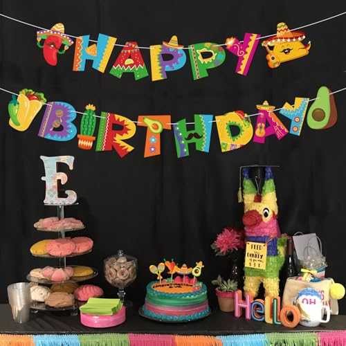 Image of Hooqict Happy Birthday Banner Mexican Birthday Party Decorations Cinco De Mayo Party Banner Taco Garland Hanging Sign for Fiesta Party Decorations Carnival Supplies