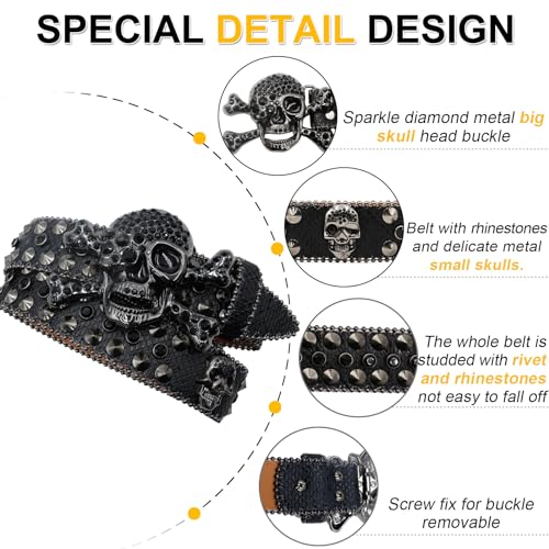 Rhinestone Skull Belt for Men Women Studded Belts Y2k Punk Skull Belt Bling Stylish Rhinestone Cowgirl Belts2