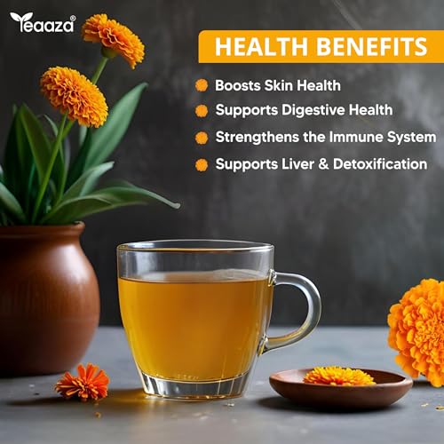 Image of Teaaza Marigold Flower Tea | Natural Sun Dried Marigold Flower | RELIEVES PAIN | Caffeine Free - Flower Based Herbal Tea - Gluten Free - Non - Bitter | Marigold Tea Leaves-100 Grams, 200 Cups