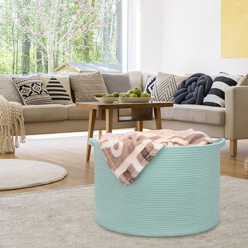 Image of Large Cotton Rope Blanket Basket, 87L Laundry Hamper, Light Green