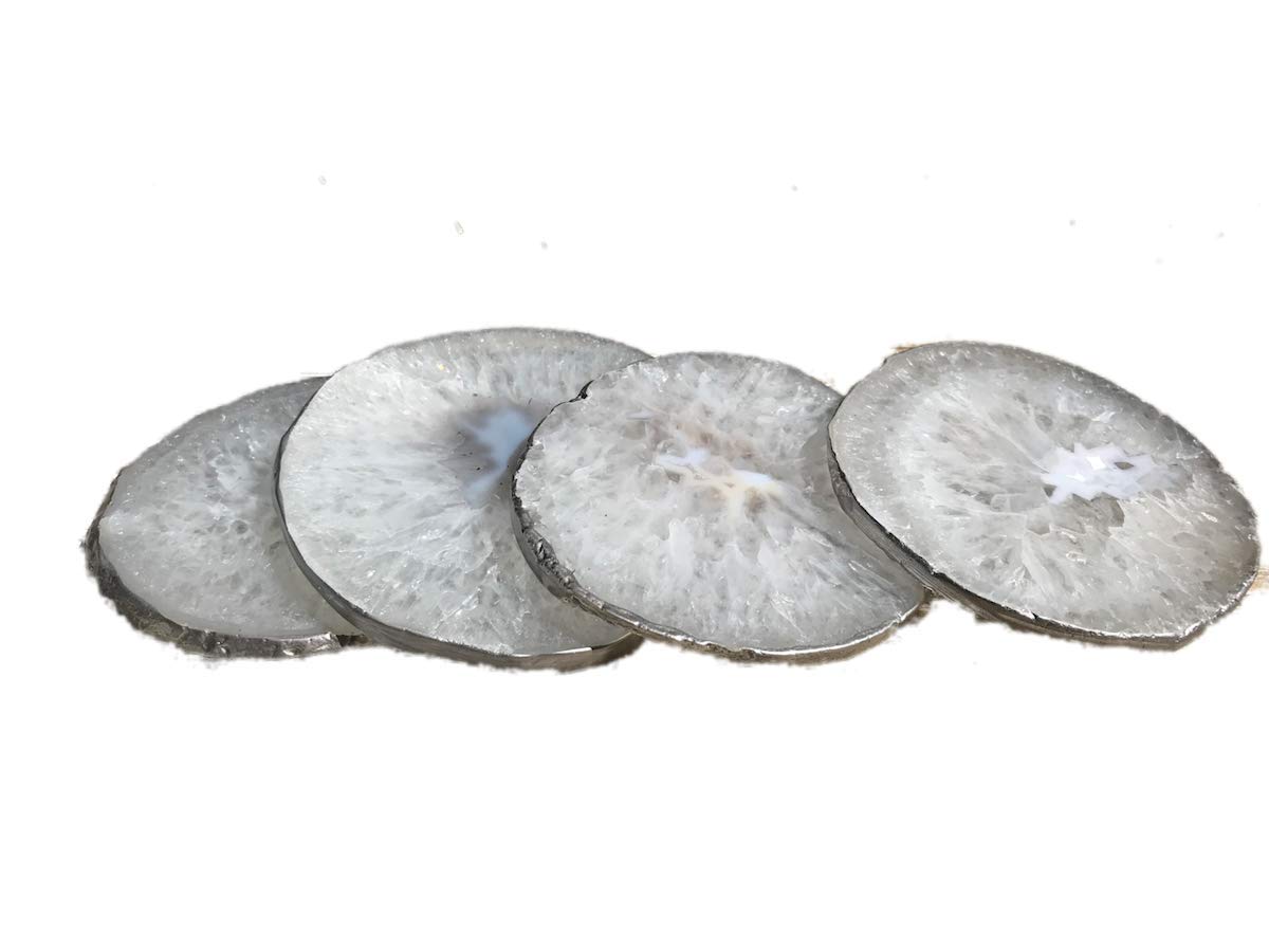 DashAlexandra Agate Coaster Set of 4 - Silver Plated Authentic Brazilian Agate Coasters - White