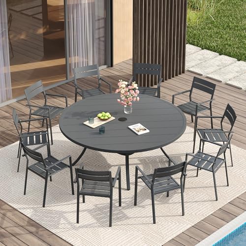 Image of VICLLAX 60 inch Outdoor Round Patio Table for Lawn Garden, All Weather Metal Patio Dining Table with Adjustable Umbrella Hole, 8-10 Person, Grey