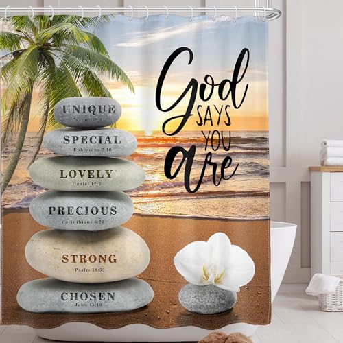 AMBZEK Beach Zen Stone Bible Verse Shower Curtain 60Wx72L Inch Ocean Sea Tropical Palm Tree Scripture Spa Lotus Quotes Artwork Cloth Fabric Waterproof Polyester Bathroom Decor Set with 12 Pack Hooks