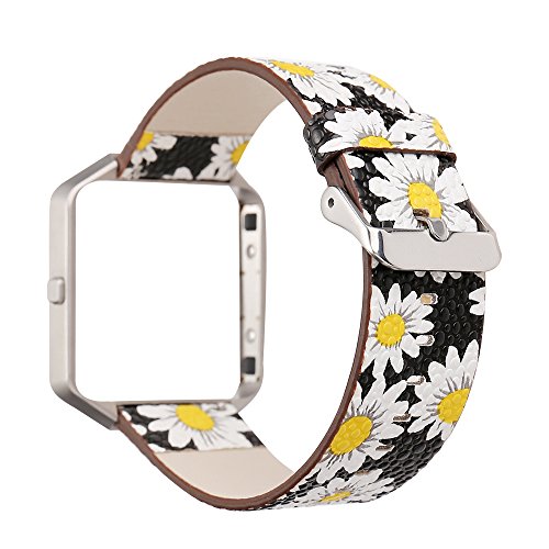 YOSWAN Replacement Band for Fitbit Blaze, Watchband Floral Soft Leather Strap Replacement Watch Band Wristband Bracelet Strap and Frame for Fitbit Blaze (Chrysanthemum Black)