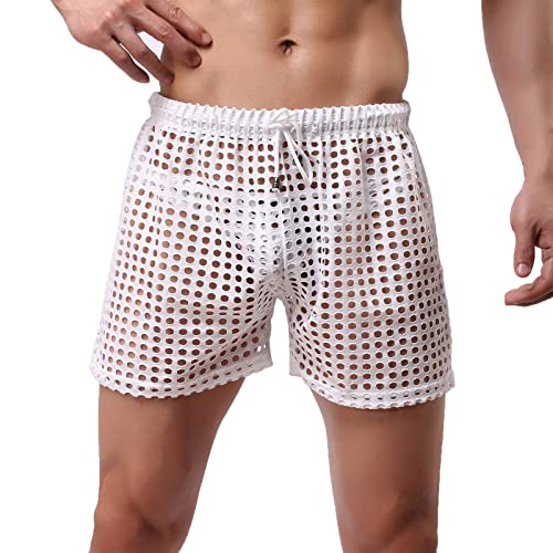 Mens Graphic Shorts Men Swim Trunks Short Summer Fashion Sexy Knit Hollow New Swimming Trunks Drawstring Hawaiian Beach Bathing Suits White L