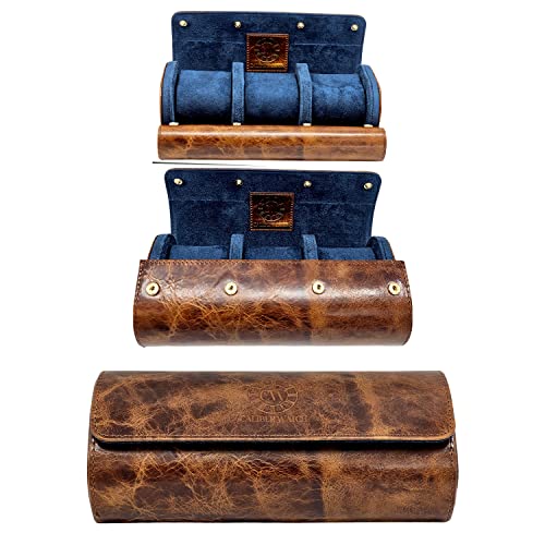 Image of Genuine Napa Leather Watch Roll Travel Case for 3 Watches - Travel Watch Rolls and Leather Watch Display Cases with Velvet Interior - Watch Storage Organizer Men's
