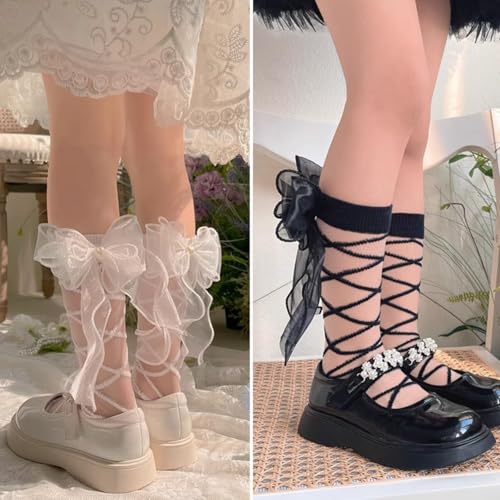 2 Pairs Girls’ Socks Princess Style Tulle Mid-Calf Crew Socks with Bow and Heart Studs, Sparkly Summer Thin Mesh Socks2