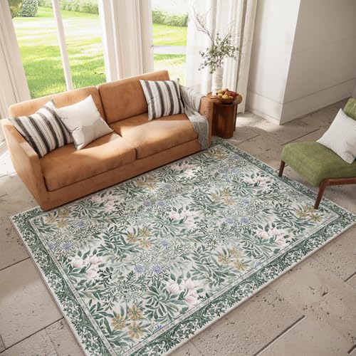 Image of Botanical Floral Area Rug 6x9 Light Green Cream Vintage Garden Design, Perfect for Living Room, Bedroom, Kids Room, Nursery - Stain & Water Resistant Non-Slip, Pet & Child Friendly Area Rugs