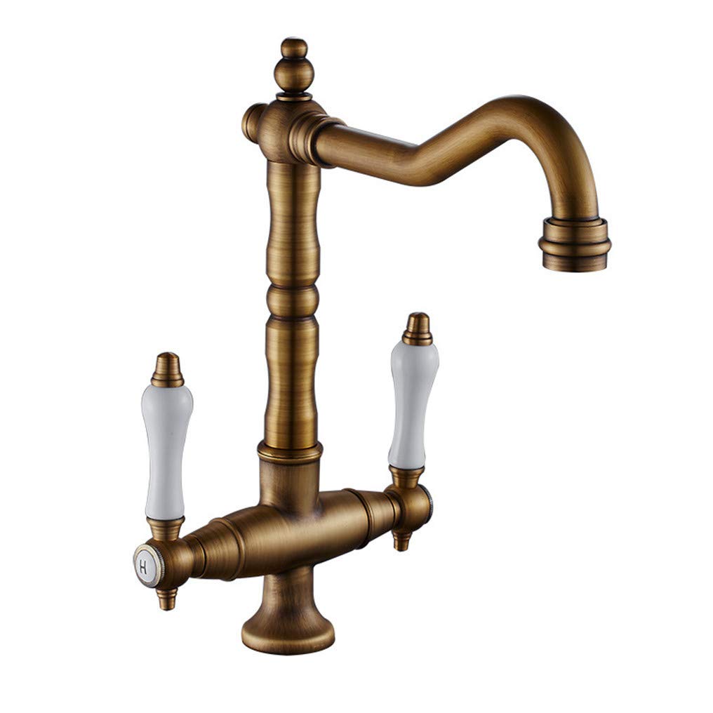 BHFPFZA Antique Brass Kitchen Faucet with 360 Degree Rotation and White Ceramic Double Handle Retro Deck Mounted Sink Mixer Tap