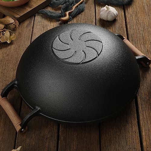 Cast Iron Pot Cookware Uncoated Non Stick Wok and Stir Fry Pans Chinese Cooking Pot with Flat Bottom, Handled and Lid,A,36cm (B 36cm)