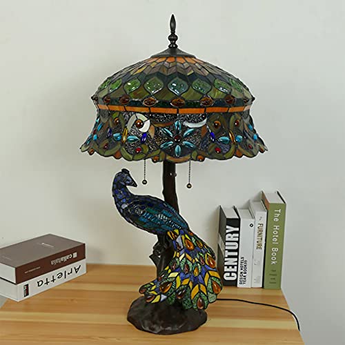 Peacock Tiffany Style Stained Glass Table Lamp, Vintage Handmade Decorative Desk Lamp Pull Cord Switch Reading Lamp For Living Room, Bedroom, Wedding Room, Villa,Hat #TOP1