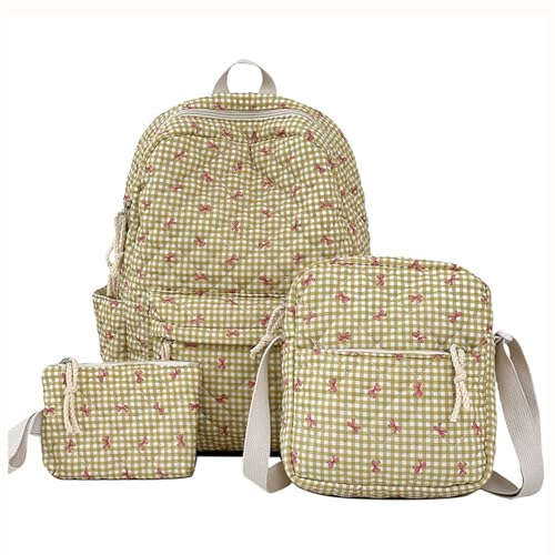 Coquette Backpack - Bow Backpack Nylon for Women Cute Kawaii Backpack Set 3 Pcs Quilted Daypack with Small Crossbody Bag (yellow)