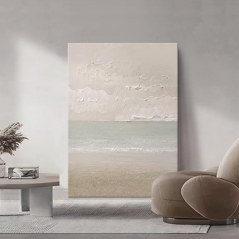 Toile murale moderne beige ciel et mer vagues tableau abstrait - 5