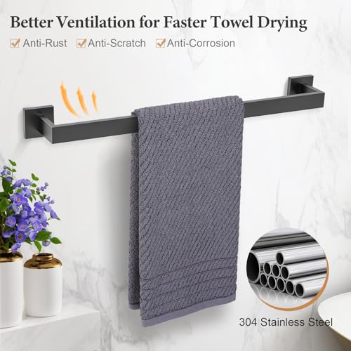 Image of TURS 5-Piece Bathroom Hardware Set Square Towel Bar Toilet Paper Holder Hand Towel Holder and 2 Towel Hooks, Matt Black SUS 304 Stainless Steel Wall Mounted, Q7BK-P5
