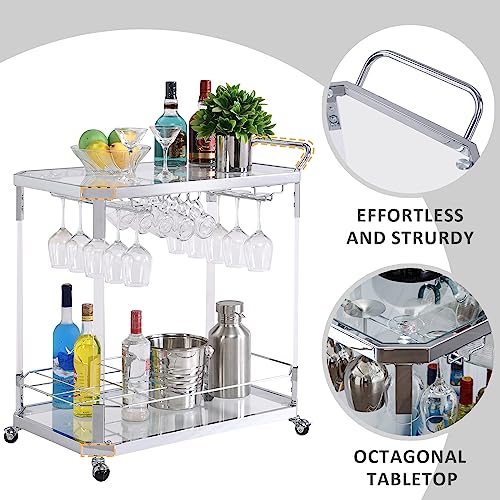 Ferfalder Silver Bar Cart-Coffee Bar Cart Rolling Acrylic Serving Cart With Wine Rack For Home Living Room Kitchen-Chrome #TOP2