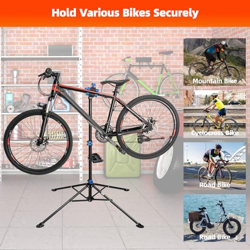 kisidus Fahrradmontageständer Reparaturständer mit Werkzeugablage, klappbar & höhenverstellbar, Klemmkopf 360° drehbar, Montageständer vierbeinig stabil mit festem Stand, bis 30 kg belastbar