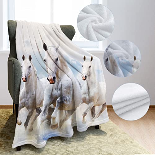 Yisumei White Horse Throw Blanket Simple Design Running Animal White Cloud Fleece Blanket Soft Warm Cozy For Sofa Couch Bed 60"X80" #TOP3