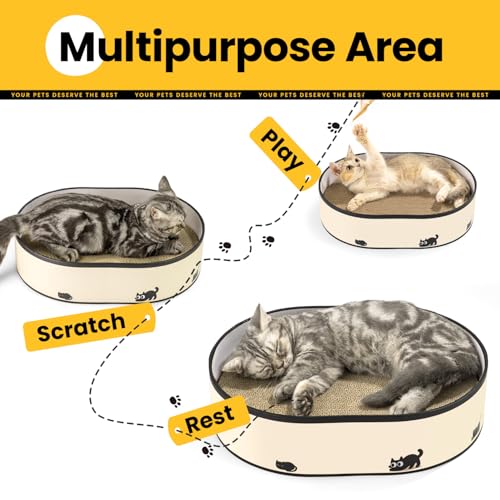 Kratzbrett für Katzen mit Box & 4 ersetzbaren Kratzpappe - Groß Kratzmöbel aus robustester Wellpappe, wendbare Kratzbretter mit DIY Stickern - Katzen Lounge Schlafplatz für Wohnungskatzen, Möbelschutz