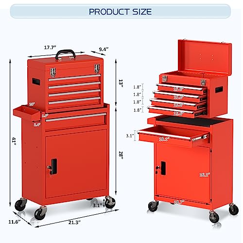5-Drawers Rolling Tool Chest Tool Box With Wheels, 2-In-1 Detachable Tool Storage With Large Cabinet And Sliding Drawers, Removable Tool Box Organizer With Lockable For Garage, Workstation (Red) #TOP6