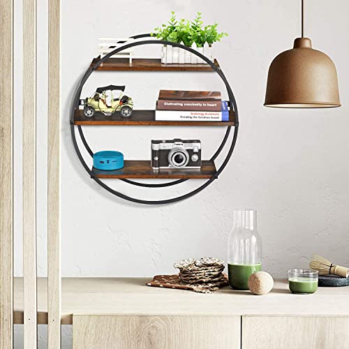 Bcozlux Floating Shelves, 3 Tier Decorative Geometric Circle Metal And Wood Wall Shelves, Bathroom Shelf Round Wall Decor, Rustic Brown #TOP5